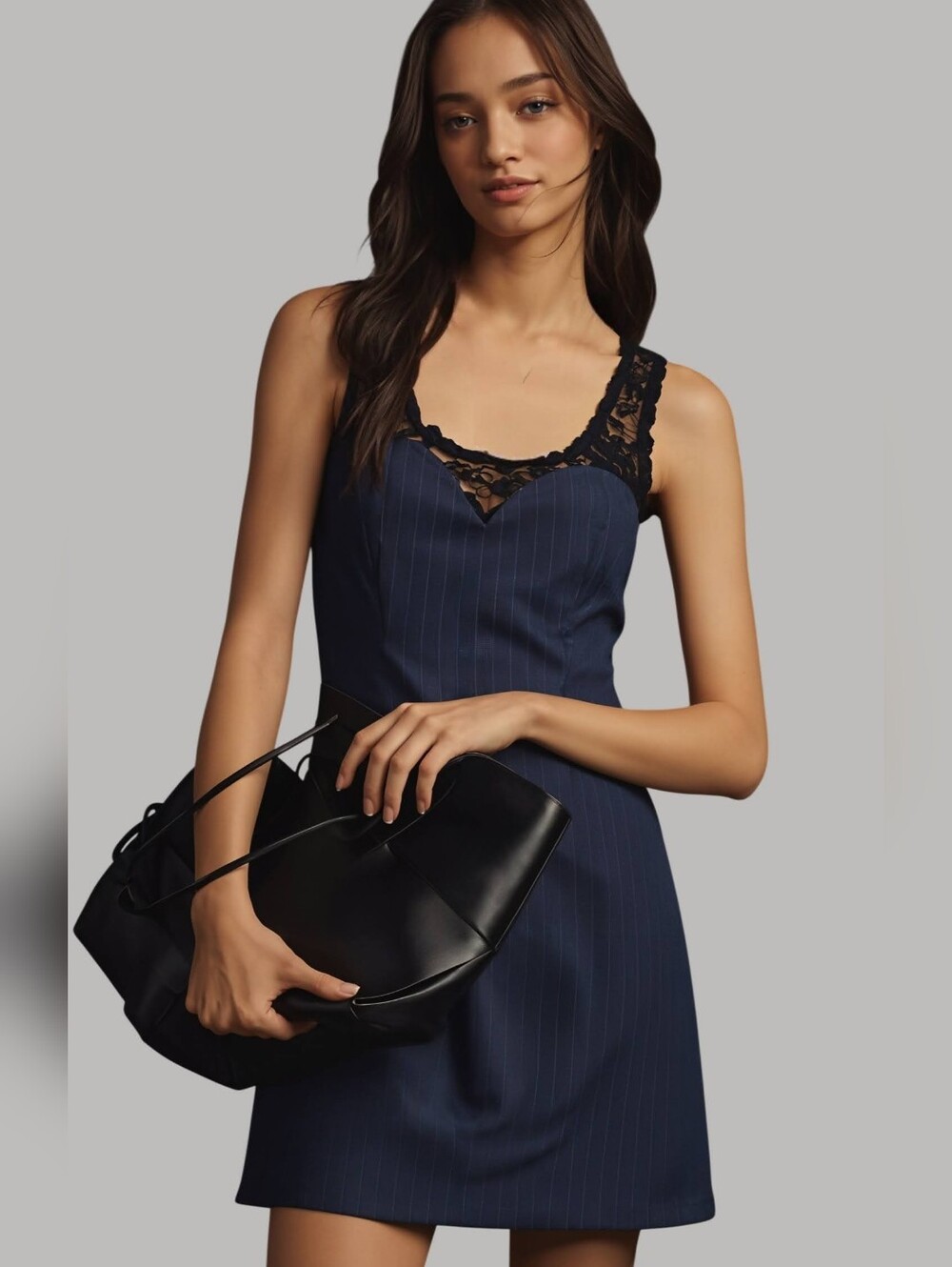 Guess Navy Pinstripe Lace-Trim Slip Dress with Black Accents